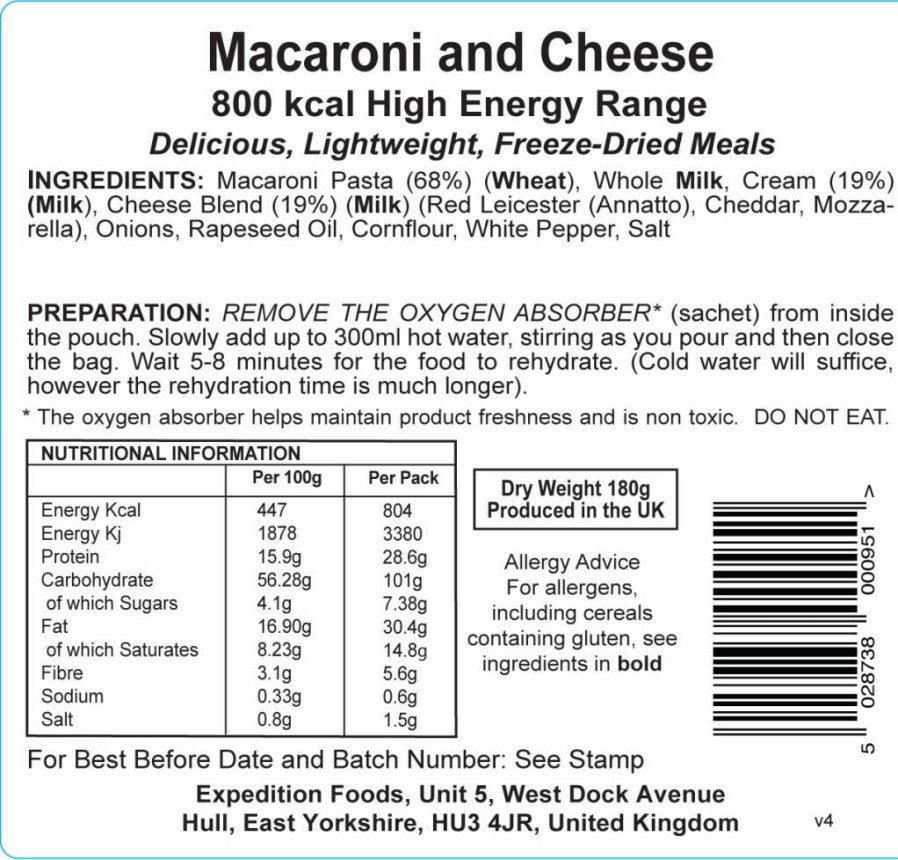 Camp & Garden * | Expedition Foods Freeze Dried Macaroni And Cheese High Energy Meal 800Kcal Special Offers